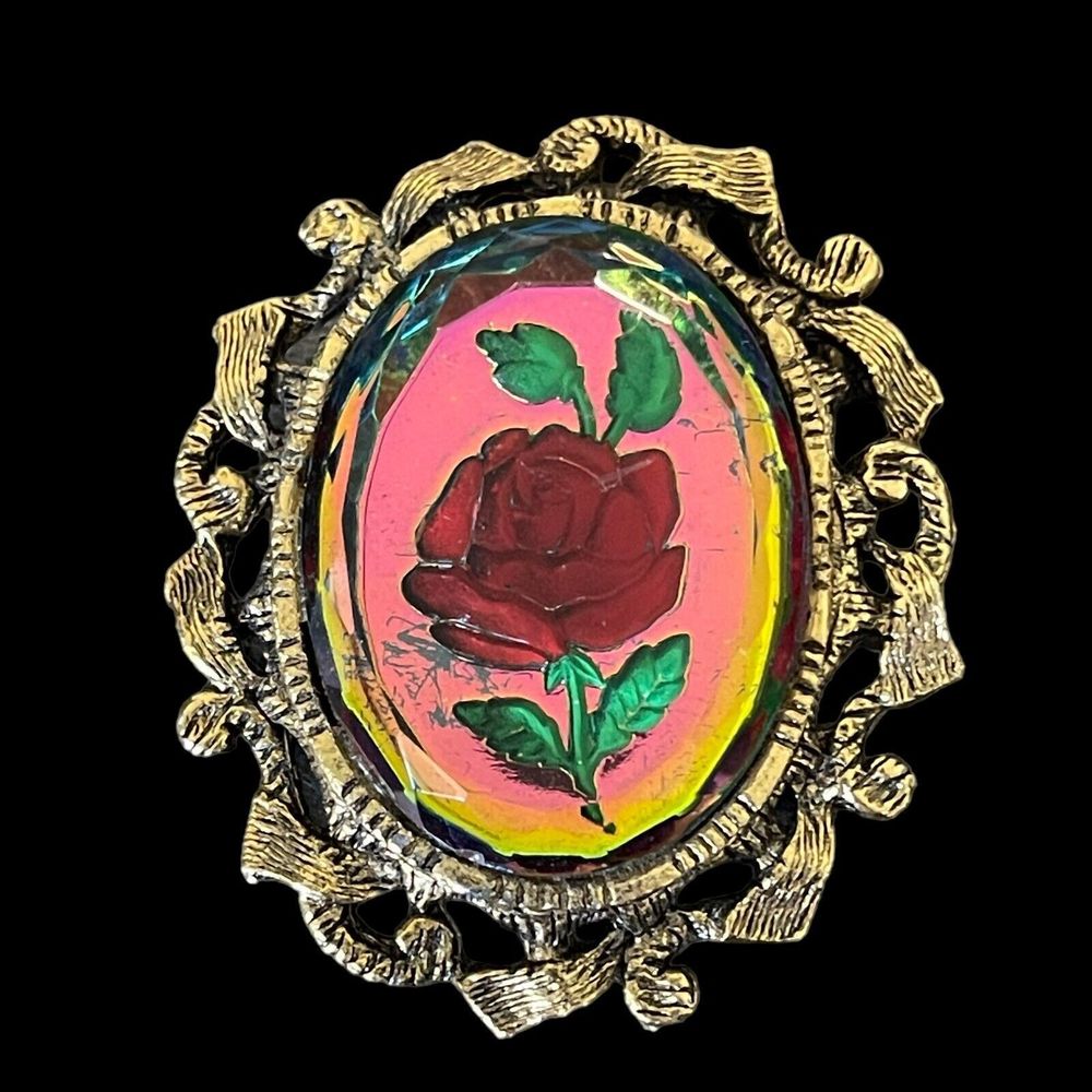 Vintage Reverse Painted Glass Floral Red Rose Color Change Brooch Pin Gold Tone